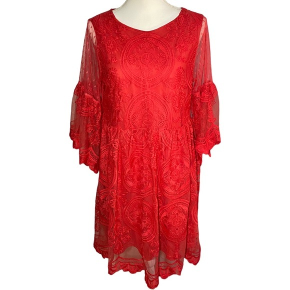 Umgee Women's Small Coral Red Lace Overlay Bell Sleeve Dress Sheer Swiss Dots
